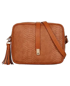 Lycheebags Snake Finish PU Sling Bag with Front Pocket - Brown