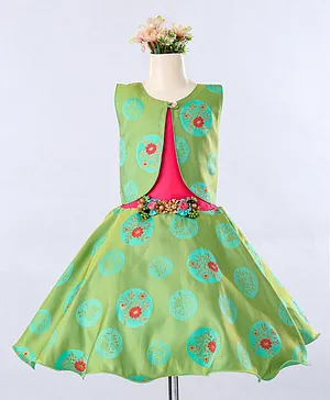 Enfance Sleeveless Flared Floral Circle Motif Designed & Shrug With Coordinating Fit & Flare Dress - Green