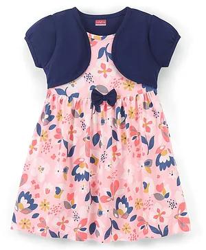 Babyhug 100% Cotton Knit Half Sleeves Frock with Floral Print - Pink & Navy Blue