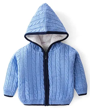 Babyhug Full Sleeves Hooded Front Open Sweater with Fur Lining and Cable Knit Design -Blue