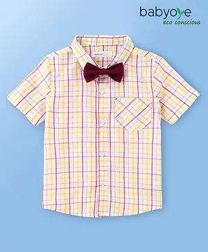 Babyoye 100% Cotton Woven Solid Dyed Half Sleeves Checked Shirts with Bow - Yellow Maroon & White