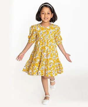 Campana Half Sleeves Seamless Intricate Designed Floral Printed Tiered Dress - Yellow