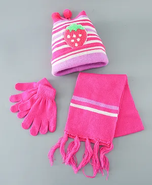 Babyhug Woollen  Stripe Design Caps & Gloves Set With Muffler - Multicolor