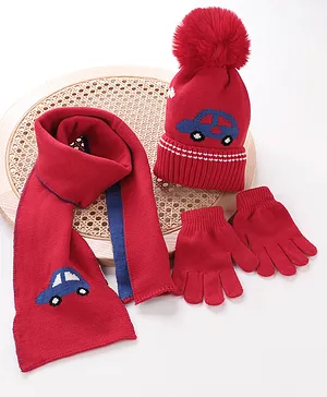 Babyhug Woolen Cap Gloves & Muffler Set - Red