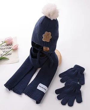 Babyhug Pom Pom Acrylic Woolen Cap Muffler & Gloves Set Teddy Design - Navy Blue
