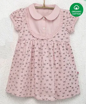 Nino Bambino 100% Cotton Short Sleeves Seamless Butterflies Printed Fit & Flare Ruffled Dress - Peach