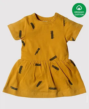 Nino Bambino 100%  Cotton Half Sleeves All Over Abstract Block Printed Drop Waist Designed Dress - Mustard Yellow