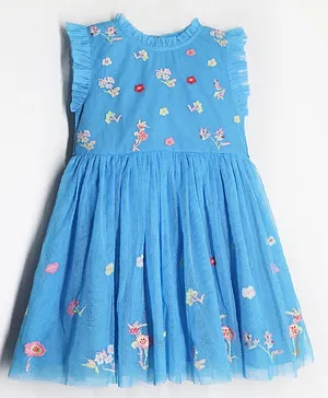 Cherry Crumble By Nitt Hyman Frill Cap Sleeves All Over Flower Embroidered Fit & Flare Dress - Blue