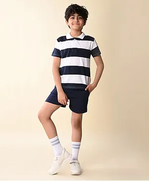 Lilpicks Couture Half Sleeves Rugby Striped Polo Tee With Shorts - Navy Blue