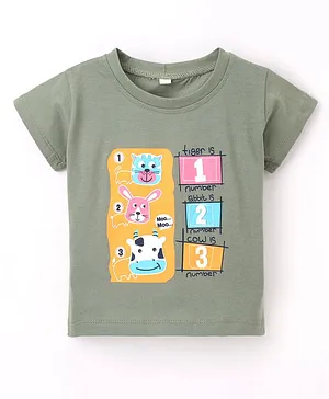 Enfance Core Half Sleeves Cow & Cat Placement Printed Top - Olive Green