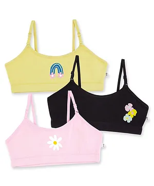 Plan B 95% Cotton 5% Elastane Pack Of 3 Flower Rainbow Printed Training Bras - Black Yellow Pink