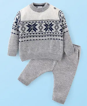 Babyhug Cotton Knit Full Sleeves Sweater Set Cable Knit Design- Grey