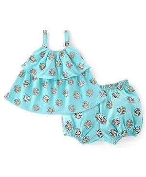 Babyhug 100% Cotton Knit Singlet Sleeves Floral Printed Top & Shorts Set - Blue