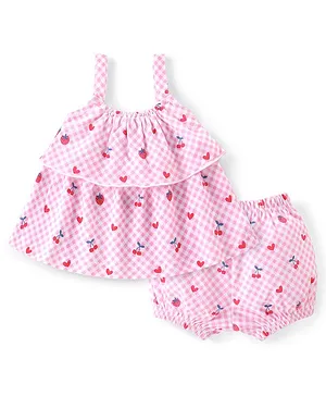 Babyhug 100% Cotton Knit Singlet Sleeves Checks & Berries Printed Top & Shorts Set - White & Pink