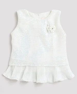 Tiny Girl Sleeveless Sequins Embellished Floral Appliqued Accordion Pleated Hem Peplum Party Top - White