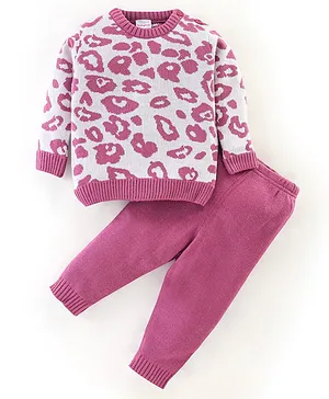 Babyhug Acrylic Knit Full Sleeves Printed Baby Sweater Sets - Pink