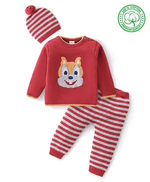 Babyhug Organic Cotton Knit Full Sleeves Baby Sweater Set with Cap & Chipmunk Applique - Red