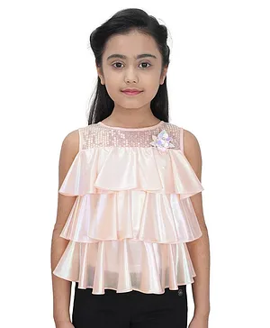 Tiny Girl Sleeveless Flower Applique & Sequin Embellished Layered Top - Peach