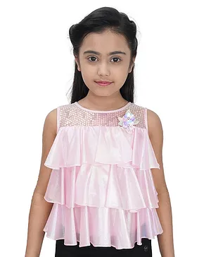 Tiny Girl Sleeveless Flower Applique & Sequin Embellished Layered Top - Pink