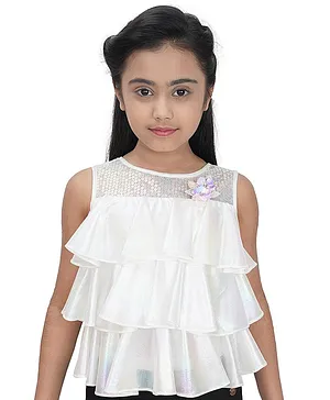 Tiny Girl Sleeveless Flower Applique & Sequin Embellished Layered Top - White