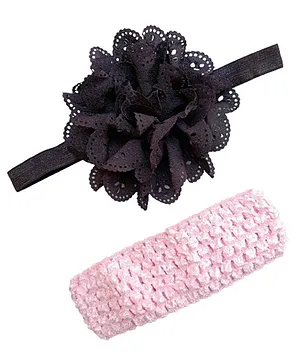 Akinos Kids Pack Of 2 Flower Designed & Crochet Knitted Soft Elastic Stretchable Headbands - Black Pink
