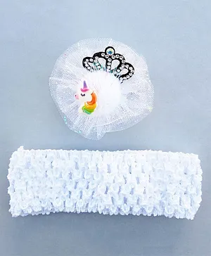 Akinos Kids Set Of 2 Net Based Unicorn Hair Clip And Crochet Knitted Soft Elastic Stretchable Headband - White