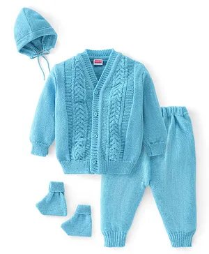 Babyhug Knitted Full Sleeves Sweater Set with Cap & Booties Cable Knit Design - Blue