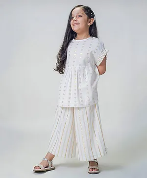 Tiber Taber Half Sleeves All Over Heart Foil Printed Flared Top With Lurex Striped Culottes - White