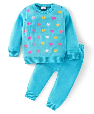 Babyhug 100% Acrylic Full Sleeves Sweater Set Heart Design- Aqua