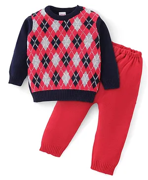 Babyhug Full Sleeves Sweater and Pant Set Intarsia Print - Red & Navy Blue