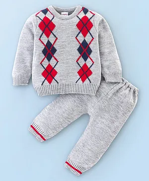 Babyhug 100% Acrylic Knit Full Sleeves Printed Sweater - Grey