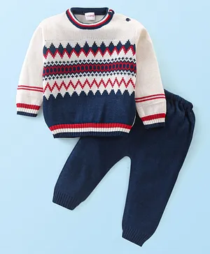Babyhug 100% Acrylic Knit Full Sleeves Chevron Design Sweater Set - Offwhite & Navy Blue