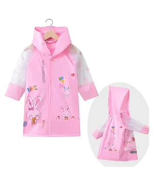 Kookie Kids Full Sleeves Bunny Printed Hooded Raincoat - Pink