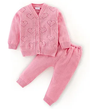 Babyhug 100% Acrylic Knit Full Sleeves Baby Sweater Sets Heart Design - Pink