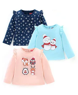 Babyhug Cotton Knit Full Sleeves T-Shirt Snowman Print Pack of 3 - Pink & Blue