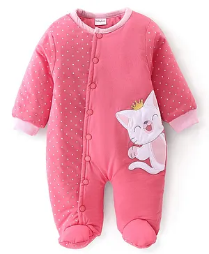 Babyhug Cotton Knit Winter Wear Full Sleeves Romper with Kitty Patch & Polka Dots Printed - Pink