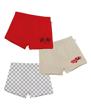 Plan B 100% Cotton Speedy Pack Of 3 Checked Car Printed Boxers - White  Ash &  Red