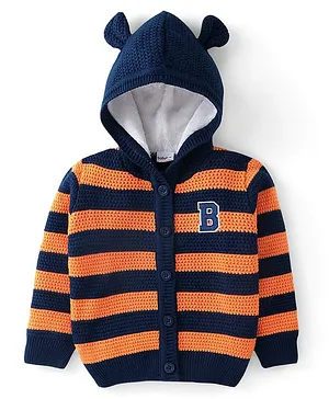 Babyhug 100% Acrylic Knit Full Sleeves Hooded Sweater - Navy Blue & Orange