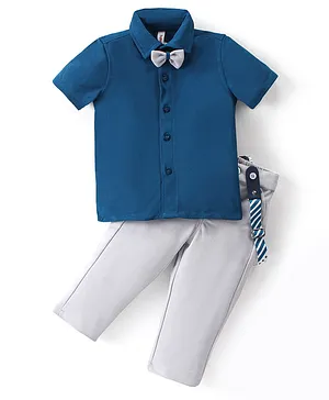 Babyhug Woven Half Sleeves Solid Shirt & Trouser Set with Bow Tie & Suspender - Blue & Grey