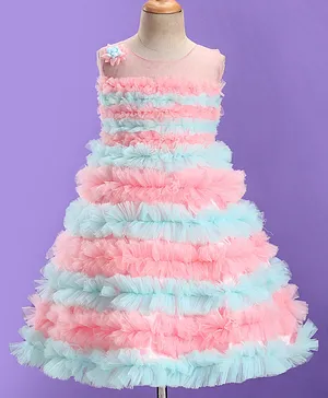 Bluebell Sleeveless Net DC Party Frock With Floral Applique - Blue & Pink