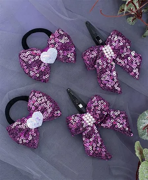 Ribbon candy Set Of 4 Sequin Embellished & Bow Detailed Hair Accessories - Purple