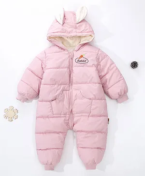 Kookie Kids Full Sleeves Winter Wear Hooded Romper with Carrot Embroidery - Pink
