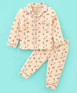 Baby Go 100% Cotton Interlock Full Sleeves Night Suit Doll Print- Peach