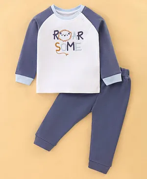 Baby Go Interlock 100% Cotton Knit Raglan Sleeves T-Shirt and Lounge Pant Text Embroidery - Navy Blue