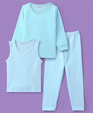 Kanvin Cotton Full Sleeves Solid Thermal Vests & Pajama Set - Aqua Blue