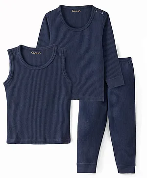 Kanvin Cotton Modal Full Sleeves Solid Thermal Vests & Pajama Set - Navy Blue