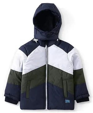 Babyhug Full Sleeves Jacket With Detachable Hood & Colour Block Pattern - Blue White & Green