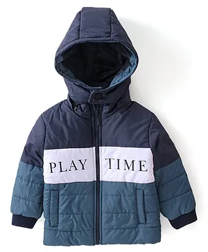 Babyhug Woven Full Sleeves Jacket With Detachable Hood & Text Print - Blue & White