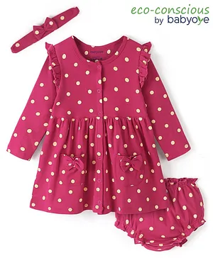 Babyoye Eco Conscious 100% Cotton Knit Full Sleeves Frocks with Hairband & Bloomer Polka Dot Print - Red