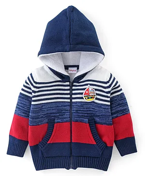 Babyhug Acrylic Full Sleeves Striped Hooded Sweater - Blue & Red